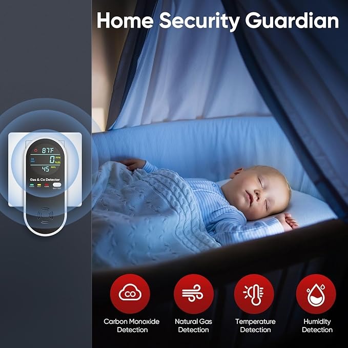 4-in-1 Gas & CO Leak Detector with Temp & Humidity | Plug-In
